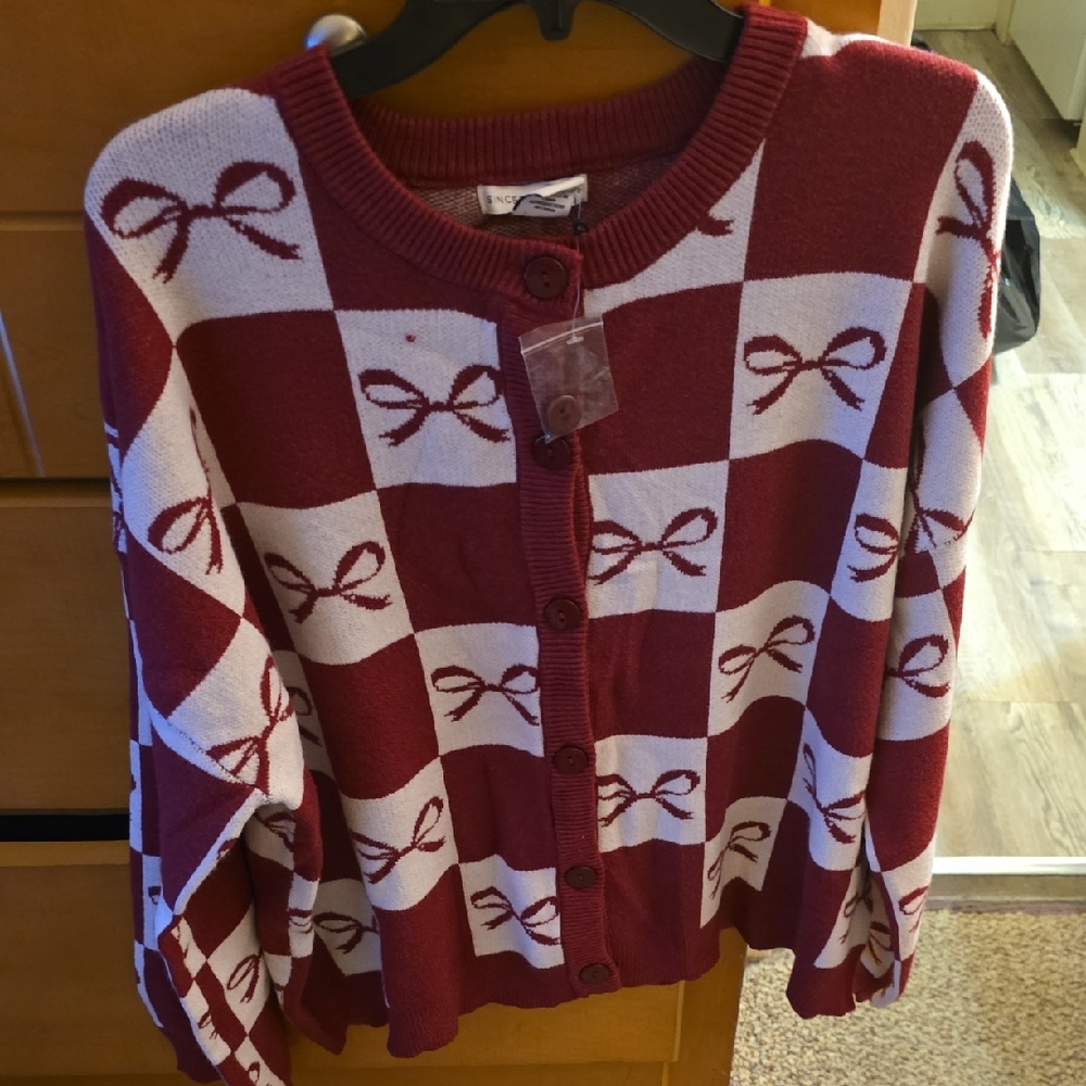Sincerely Jules Women's Burgundy and Cream Checkered Bow Cardigan Sweater